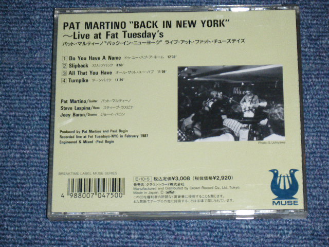 Photo: PAT MARTINO - "BACK IN NEW YORK" - Live at FAT TUESDAY'S   / 1989  JAPAN 2nd Price Mark ? Used CD 