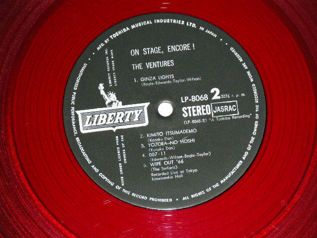 Photo: THE VENTURES - ON STAGE ENCORE! ( Ex+/Ex+++)  / 1966 JAPAN ORIGINAL "RED WAX Vinyl" used  LP 
