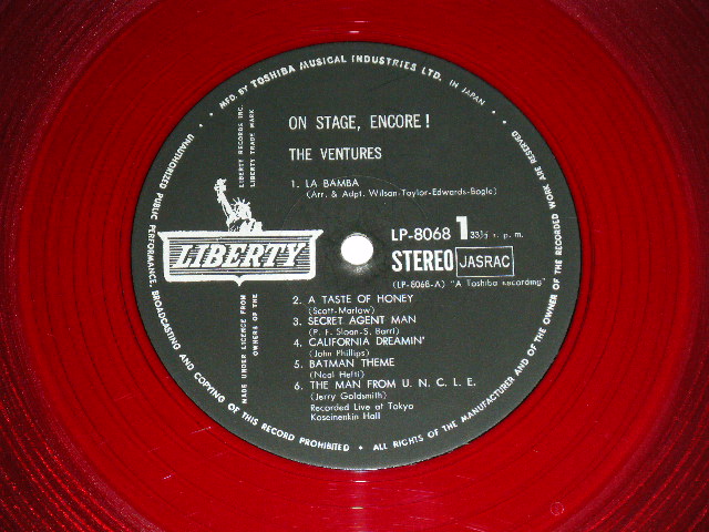 Photo: THE VENTURES - ON STAGE ENCORE! ( Ex+/Ex+++)  / 1966 JAPAN ORIGINAL "RED WAX Vinyl" used  LP 