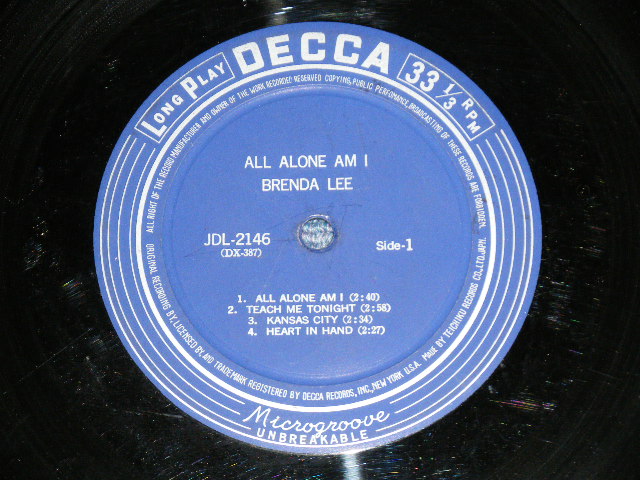 Photo: BRENDA LEE - ALL ALONE AM I ブレンダ・リー- 淋しくて ( VG/Ex++ Looks:Ex- )   /  1960's   JAPAN ORIGINAL  Used 10" LP 