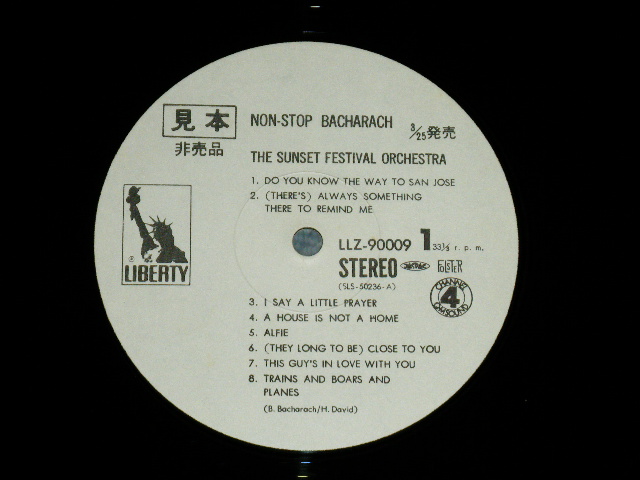Photo: The SUNSET FESTIVAL ORCHESTRA サンセット・フェスティバル・オーケストラ - NON-STOP BACHARACH 華麗なるバカラック・サウンドのすべて (Ex++/MINT-) / 1972? Japan Original "WHITE LABEL PROMO"  Used LP with OBI オビ付