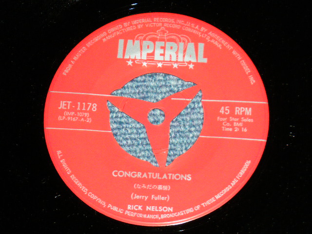 Photo: RICKY NELSON  リッキー・ネルソン -  CONGRATULATIONS 涙の慕情 (Ex+++/MINT- : BB )  / 1962 JAPAN ORIGINAL Used 7" Single 