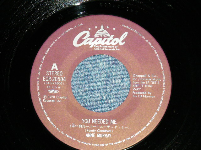 Photo: ANN MURRAY アン・マレー - YOU NEEDED ME 辛い別れ from TV Sound Track 「幸福」 : TENNESSEE WALTZ (Ex++/MINT-)  / 1978 JAPAN ORIGINAL  Used 7" Single 