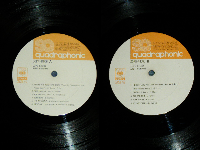 Photo: ANDY WILLIAMS アンディ・ウィリアムス - LOVE STORY ある愛の詩 : QUADROPHONIC / 4 Channel( Ex+++/MINT-)  / 1972? JAPAN  Used LP with OBI  オビ付 