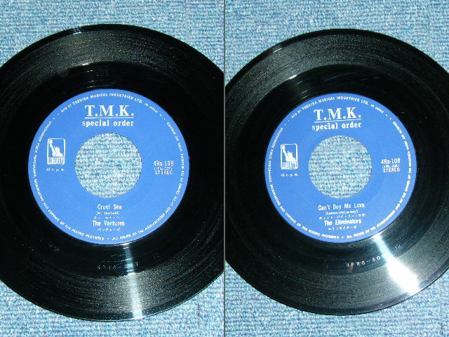 Photo: A) THE VENTURES ,B) ELIMINATORS   - A) CRUEL SEA , B) CAN'T BUY ME LOVE  ( MINT-/MINT- )  / 1966?  JAPAN ORIGINAL PROMO Only Used 7"Single 