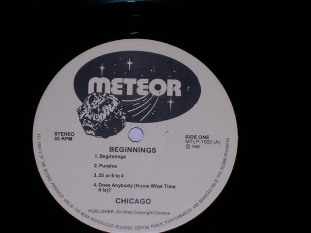 Photo: CHICAGO - BEGINNINGS ( RECORDED LIVE! TORONTO ROCK FESTIVAL )  / 1983 COLLECTORS ( BOOT )  LP 