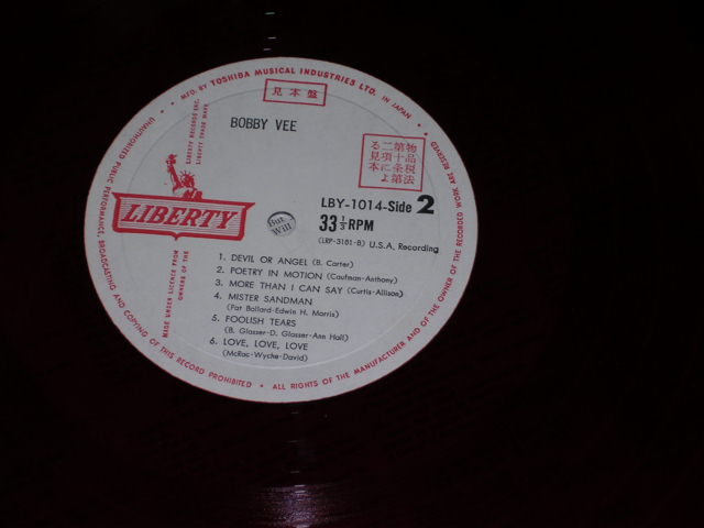 Photo: BOBBY VEE - BOBBY VEE BEST HITS /  1960s  JAPAN WHITE LABEL TEST PRESS LP RED WAX VINYL